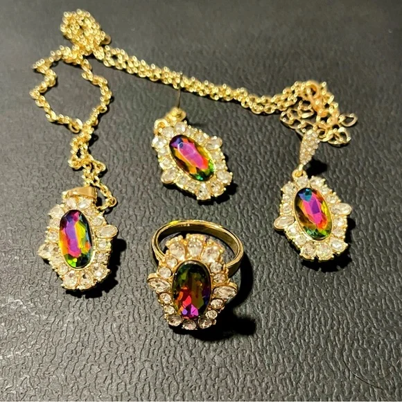 Vermeil Gold Set with Multicolor Stones. Ring, earrings & pendant necklace 20” - Picture 1 of 4